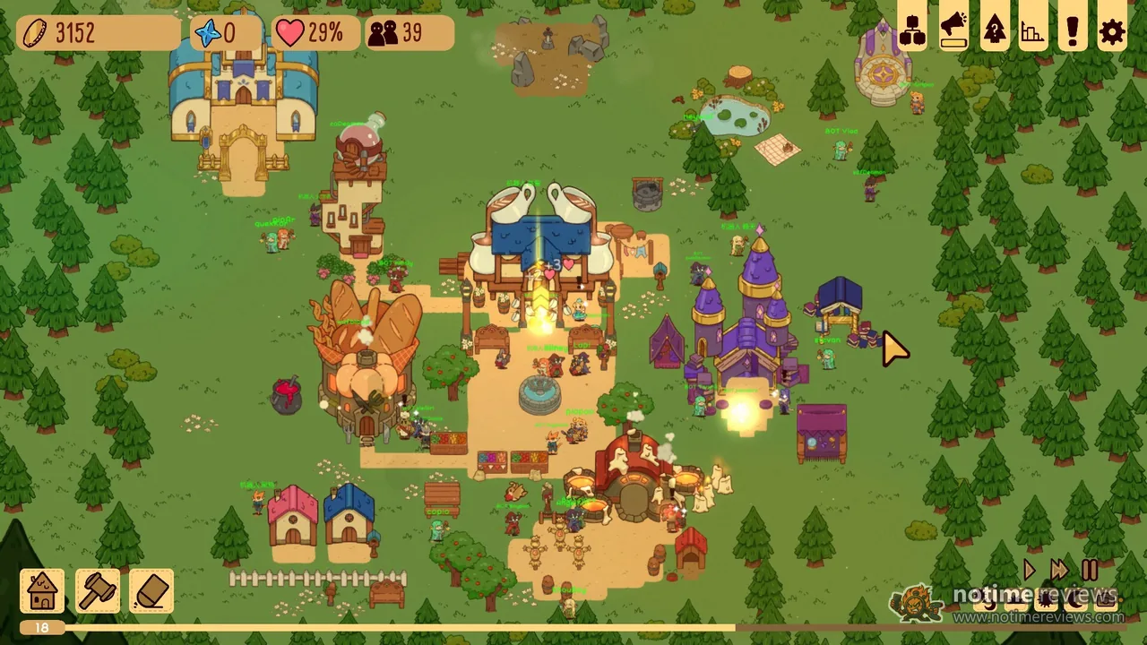 Glimvale: A pixel village with a bakery, purple and blue castles and named adventurers walking between shops, build tools in the bottom corner