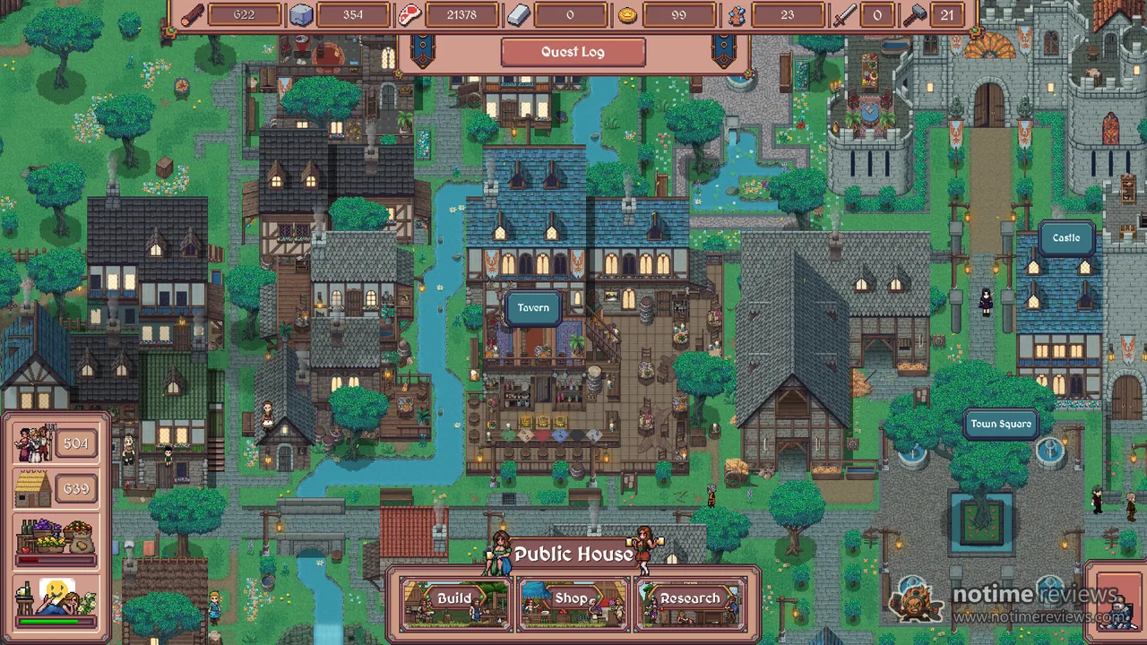 Hearth and Hamlet: A medieval pixel town with a tavern, stone castle and Build, Shop and Research buttons along the bottom