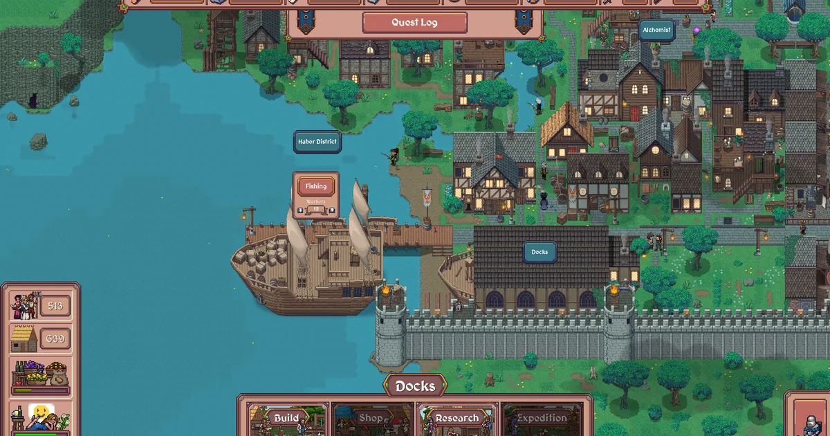 Hearth and Hamlet: A walled harbour town with sailing ships docked at a fishing pier