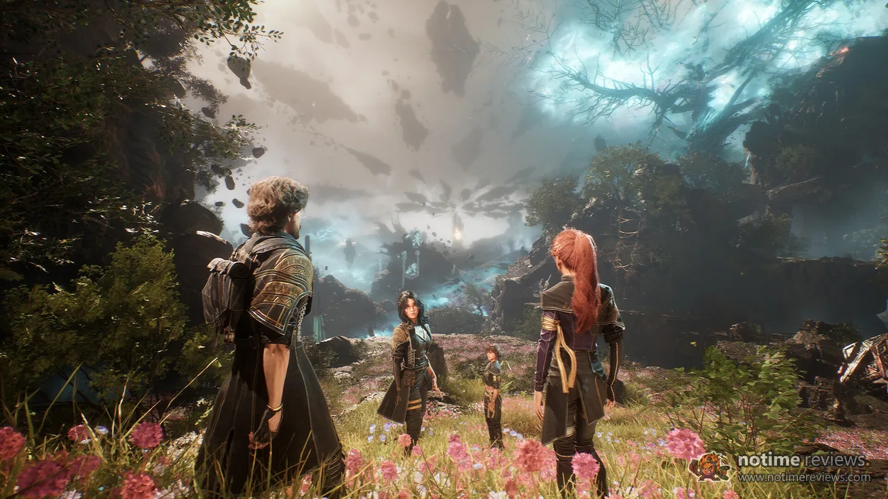 Clair Obscur: Expedition 33: Three expedition members stand in a flower field looking up at a floating island