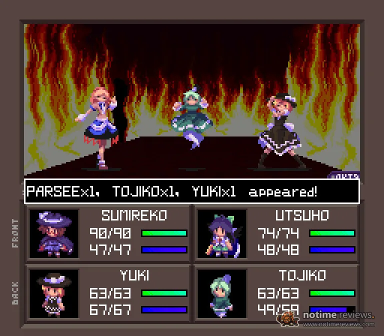 Touhou Artificial Dream in Arcadia: A low-resolution battle screen, three enemies in flames above the party status panel
