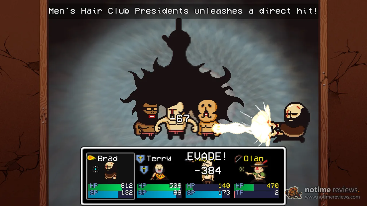 LISA: The Painful: A side-view turn-based battle, Brad and Terry face a shadowy enemy with the message Men's Hair Club Presidents unleashes a direct hit