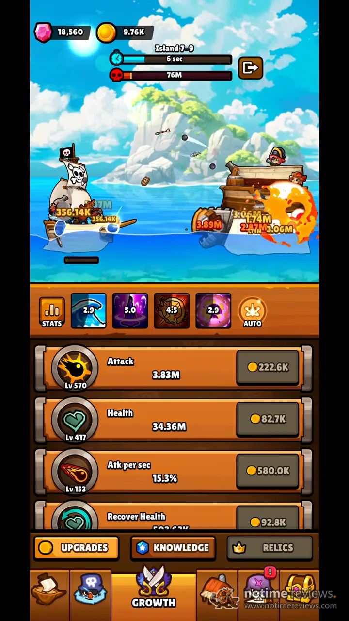 Bounty Bash: an Island 7-9 battle against an enemy ship, with the Growth menu below showing Attack, Health and Atk per sec upgrades