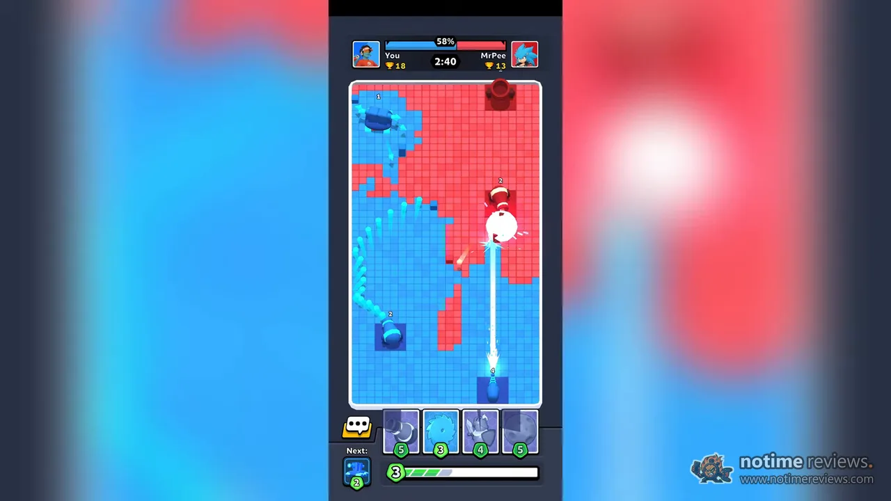 Color Clash: a mid-match board at 58 percent blue, with a piercing tower firing a beam across the grid