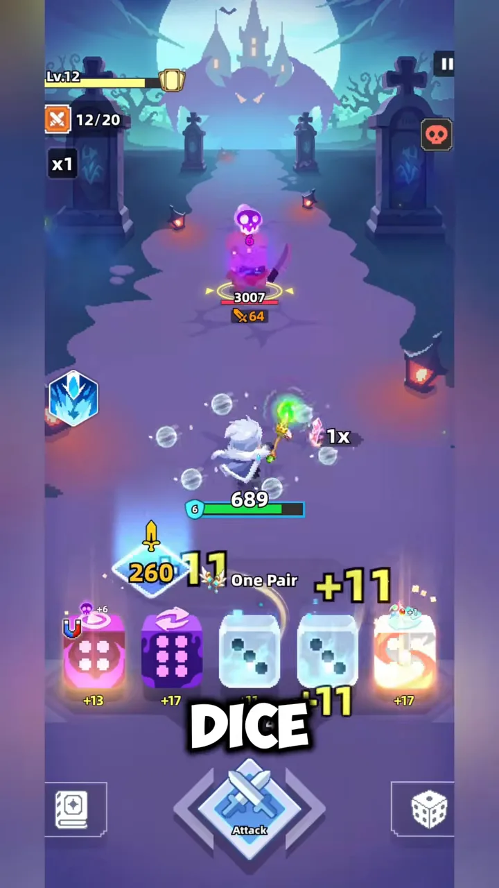 Dicero: Rolling One Pair against a graveyard mini-boss with a full dice row below