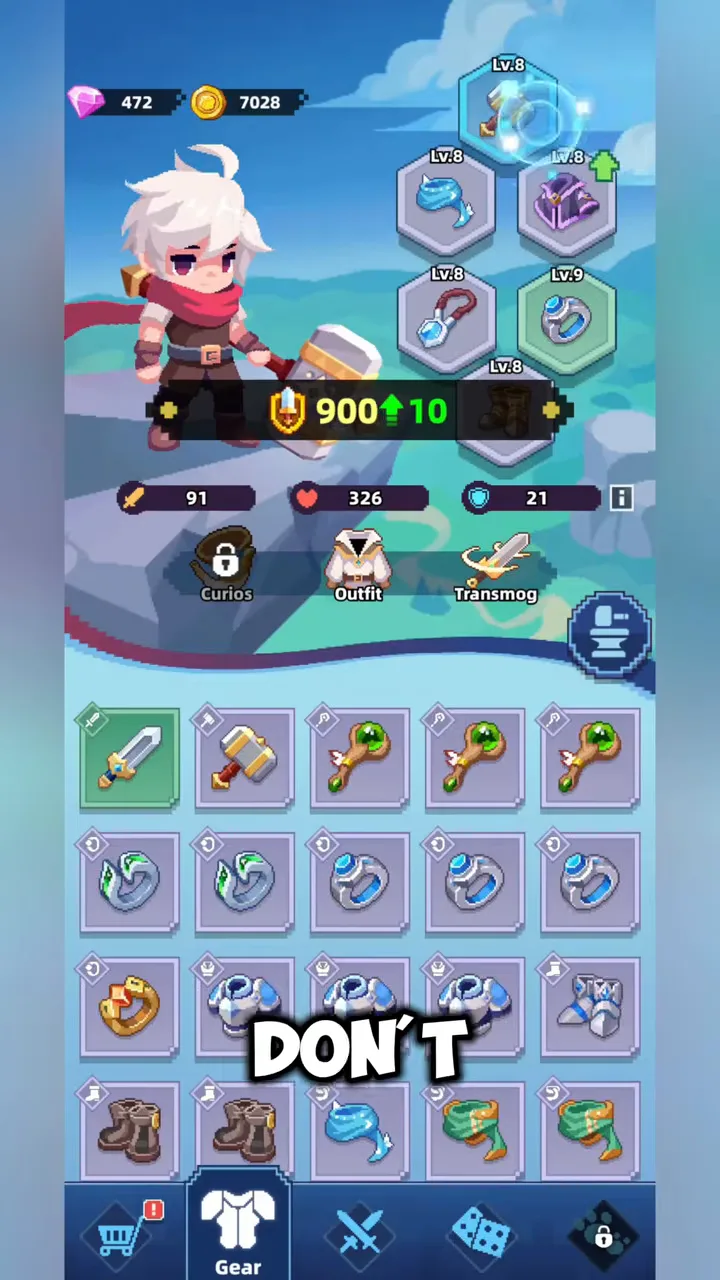 Dicero: The gear screen with equipment slots, stats, and a pixel-art hero
