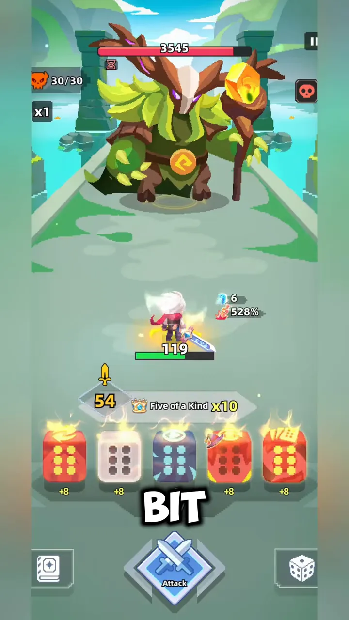 Dicero: Five of a Kind x10 roll against a forest guardian boss