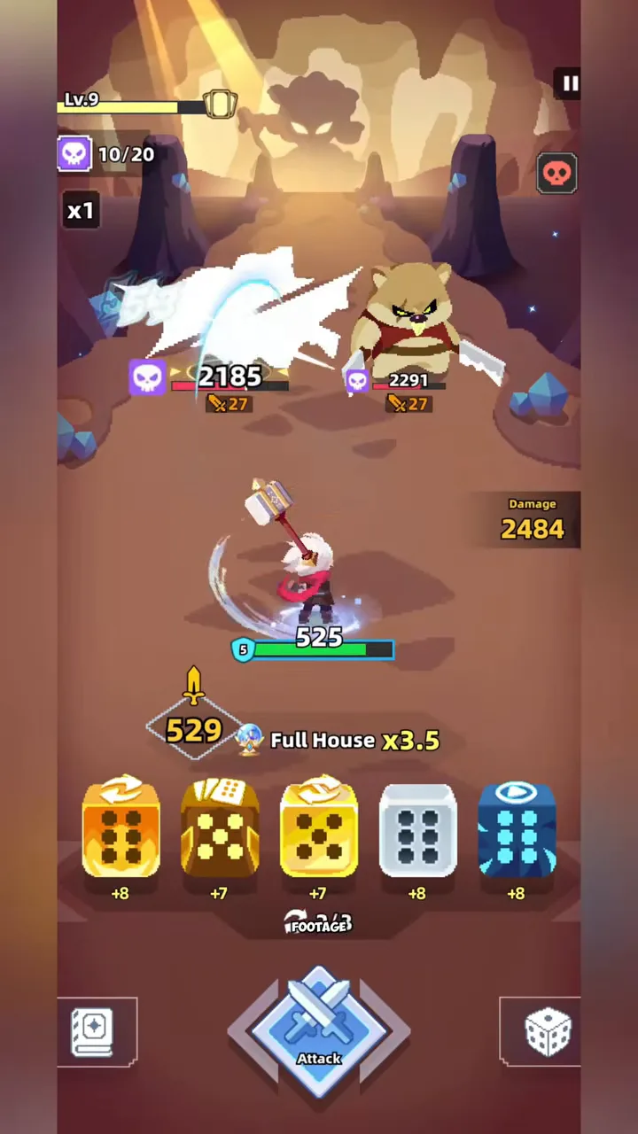 Dicero: A Full House x3.5 multiplier mid-fight in the desert stage