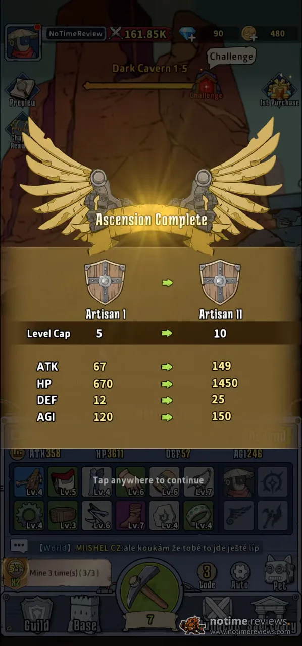 Dig-Dig Rush: an Ascension Complete screen upgrading Artisan I to Artisan II with ATK, HP, DEF and AGI all jumping