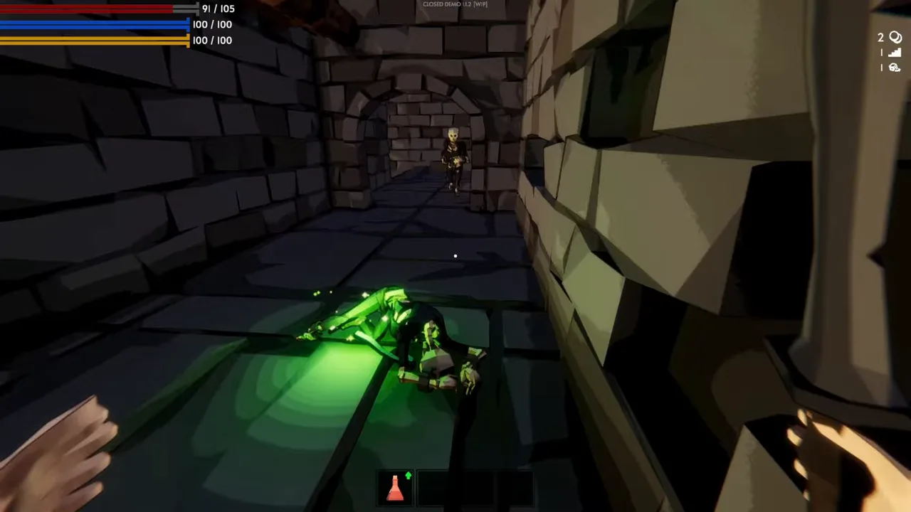 Fell & Sell: First-person dungeon corridor with a skeleton closing in