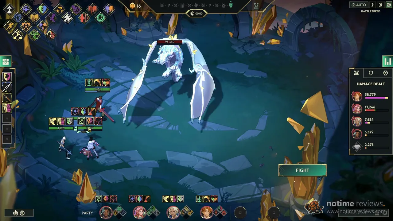Guildrun: a four hero party lines up against a 93,330 HP frost dragon boss on the hex arena