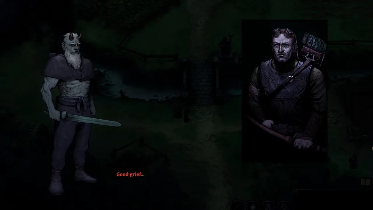 HellSlave II: a horned demon character talking with an armored villager in the hand-drawn dialogue view