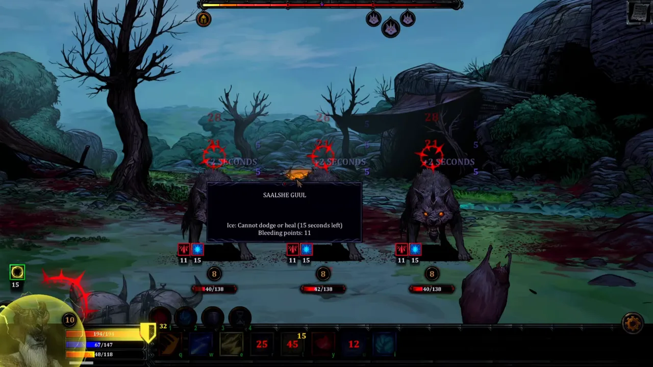 HellSlave II: fighting three hellhounds at once, with ice and bleed status effects ticking on each enemy