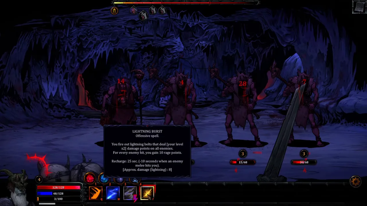 HellSlave II: a cave battle against four enemies with the Lightning Burst spell tooltip open