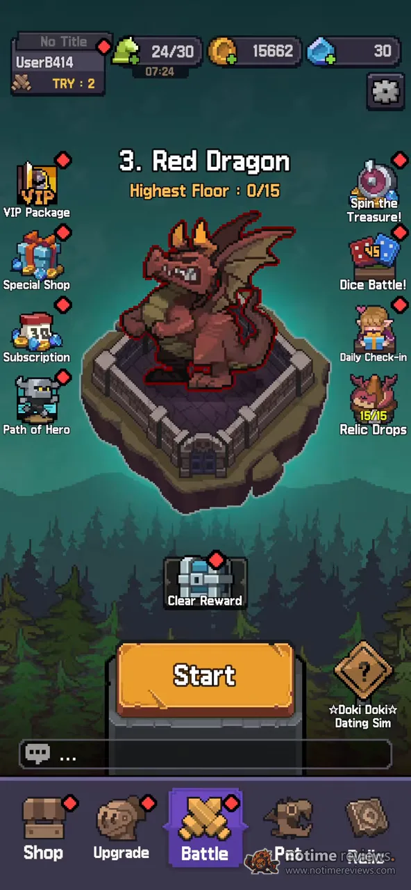 Heroll: the Red Dragon stage select screen with VIP Package, Special Shop, Subscription and Path of Hero buttons down the left side
