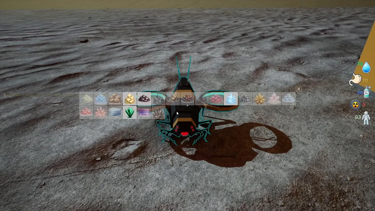 Industronaut: A cargo drone hovering over the desert with a full load of collected resources