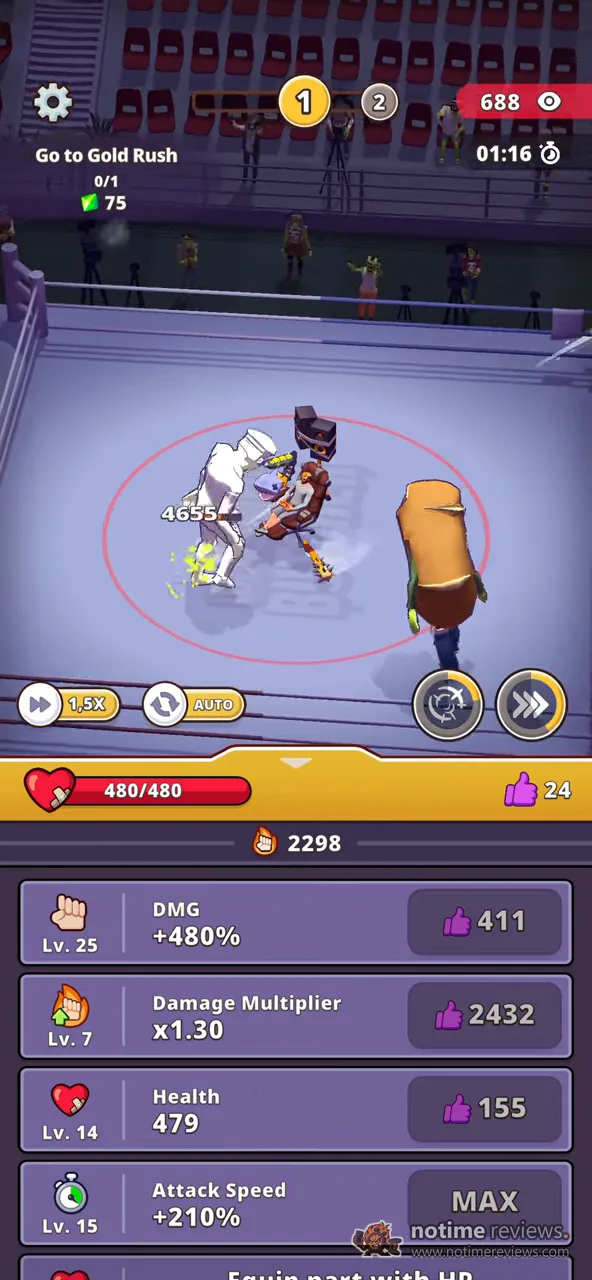 Lazy Apocalypse: the chair fights a giant hot dog zombie inside a boxing ring while spectators film from the stands