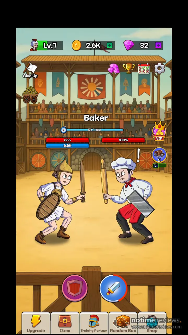 Legend of Gladiator: arena fight against a Baker armed with a rolling pin and a cleaver