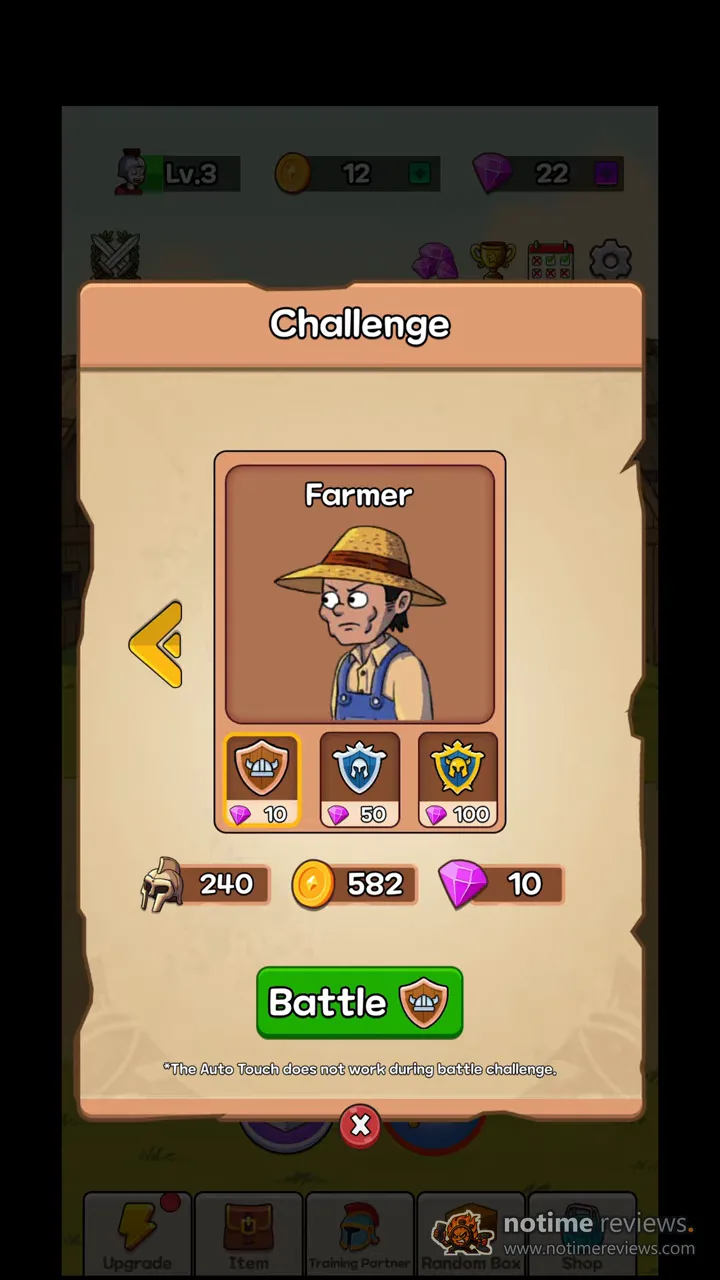 Legend of Gladiator: Challenge screen showing a Farmer opponent with gem entry fees