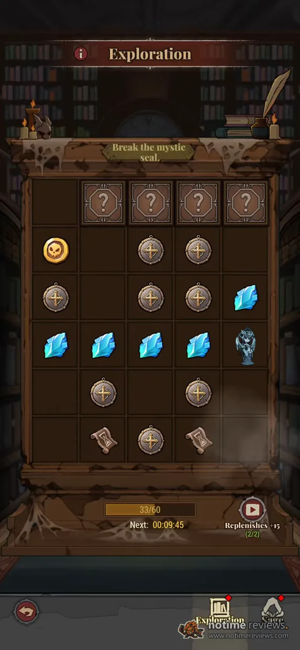 Lootborn Warriors: the Exploration board, a grid of hidden tiles holding coins, crystals and scrolls behind a mystic seal
