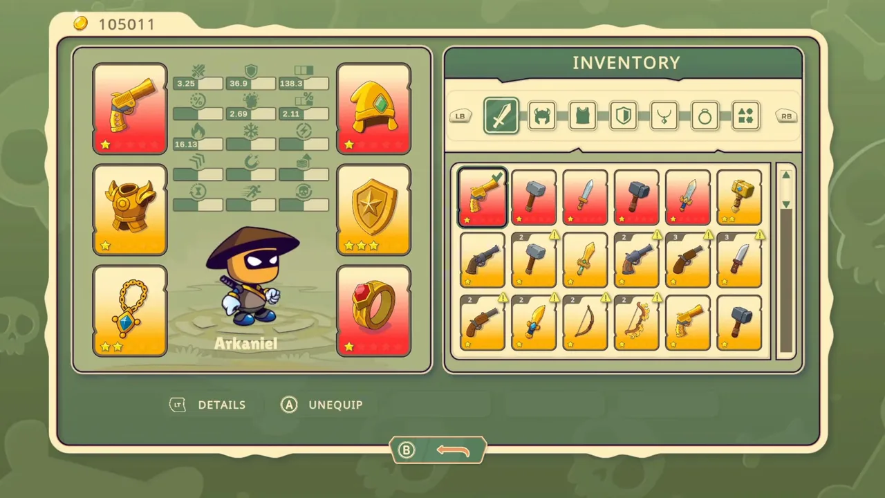 Monster Rush Survivors: gear and inventory screen with gold-tier weapons and accessories equipped on Arkaniel