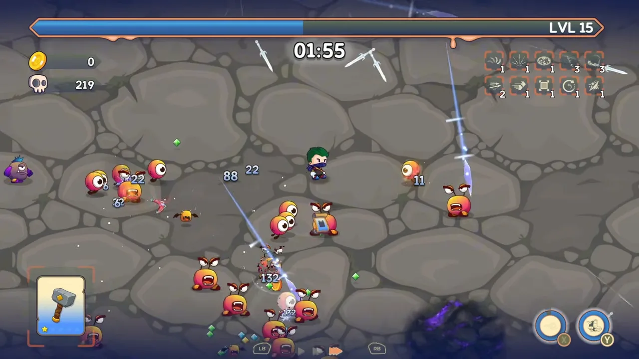Monster Rush Survivors: early run at level 15, kiting a swarm of round enemies while daggers rain down