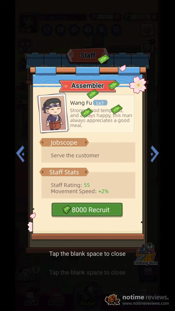 My Sushi Story: a staff recruit card for the assembler Wang Fu costing 8000 coins