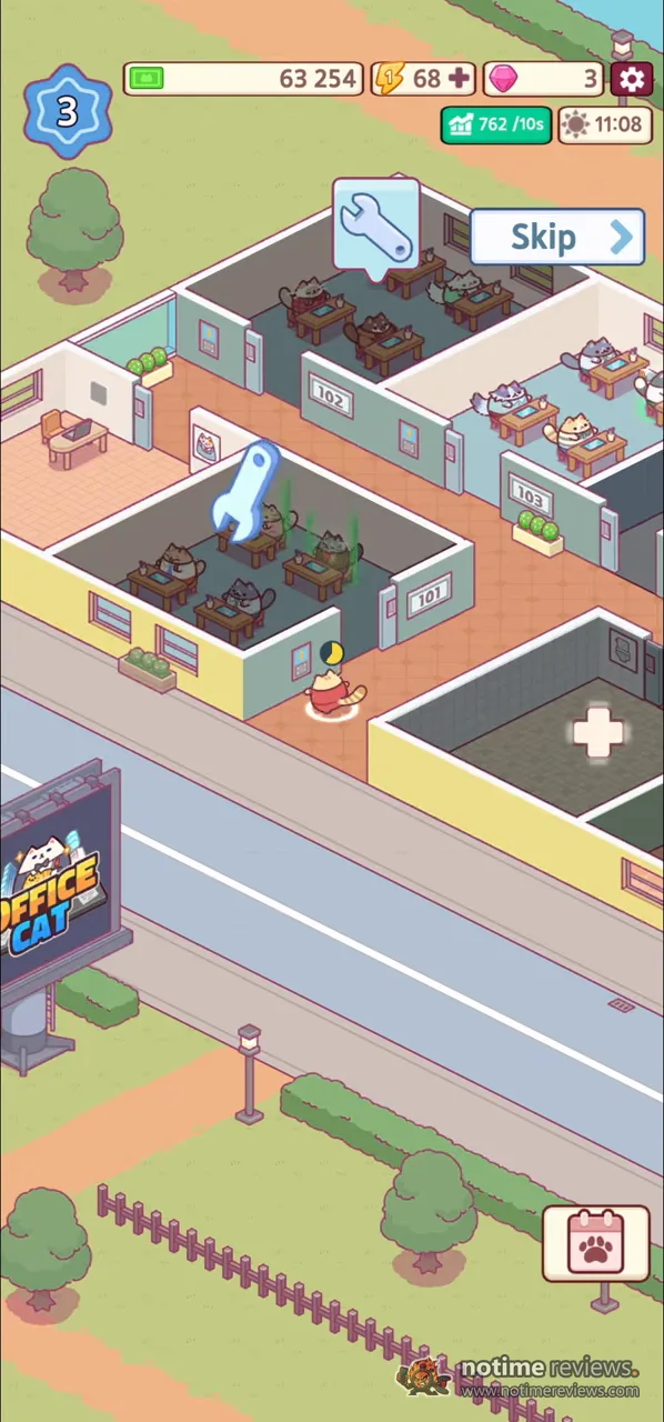 Office Cat: an overhead view of the office block with cats working at desks in rooms 101, 102 and 103