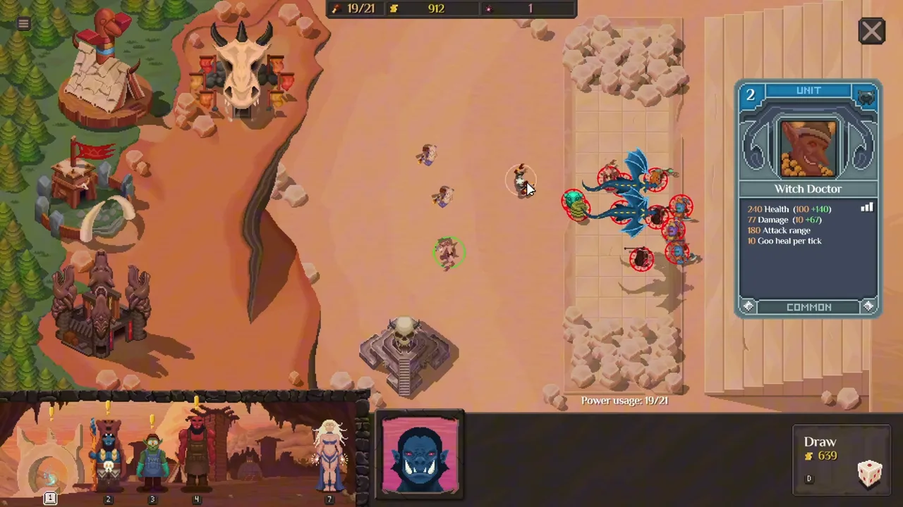 Orc Incremental: the orc army and a dragon clashing with human defenders, with a Witch Doctor card open