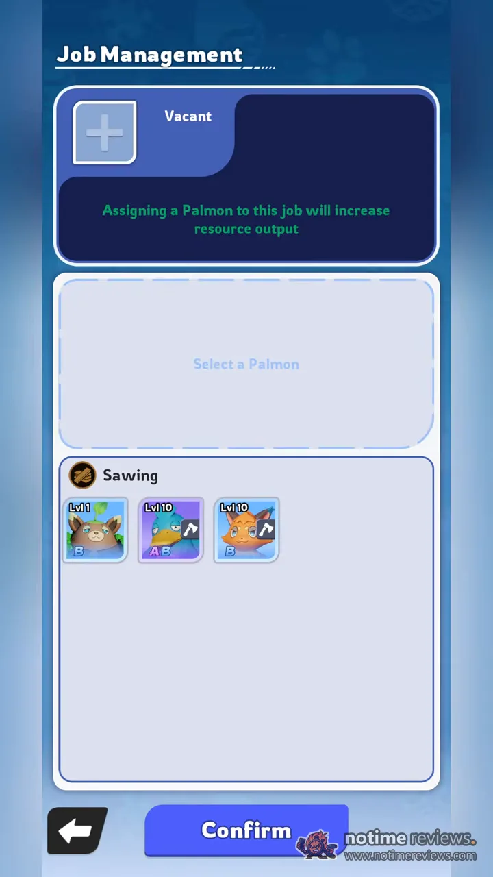 Palmon: Survival: the Job Management menu with a vacant slot and three pals assigned to sawing lumber
