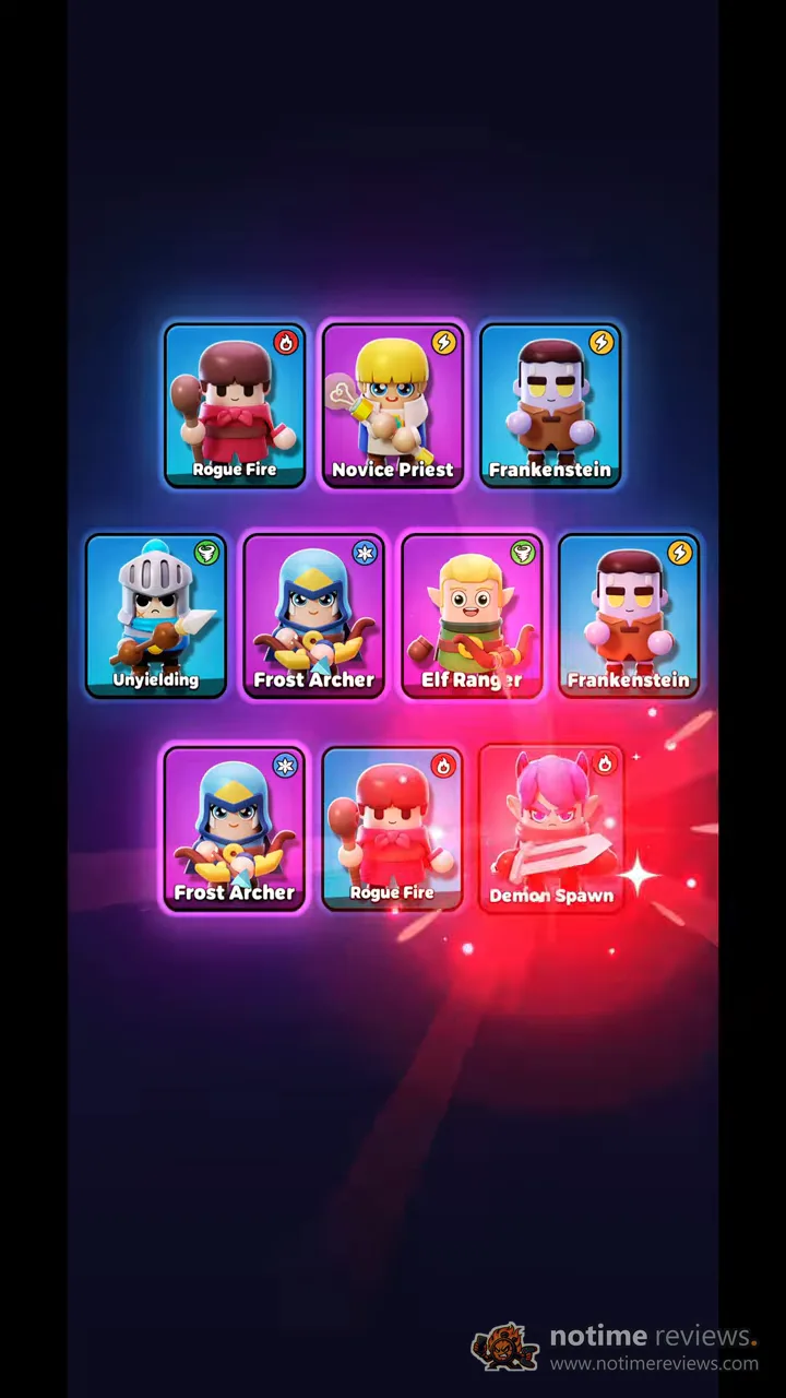 Wittle Defender: the hero roster showing Rogue Fire, Novice Priest, Frankenstein, Frost Archer, Elf Ranger and Demon Spawn cards