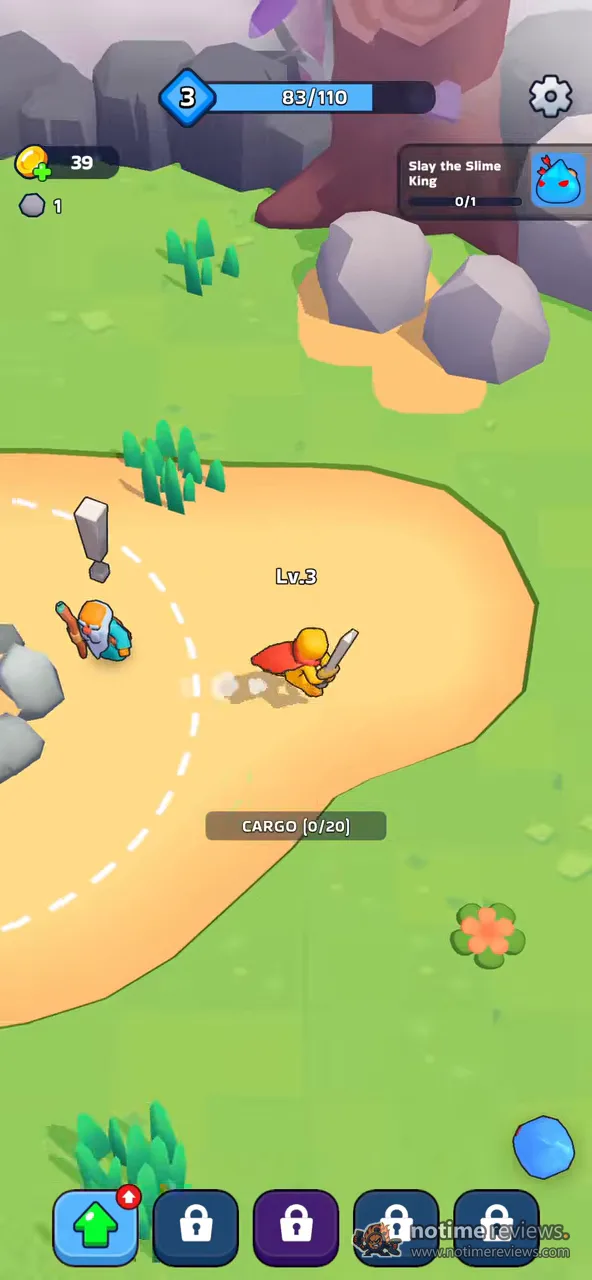 XP Hero: a level 3 stickman hero with a sword running along a dirt path in the green overworld, with a cargo counter and locked skill slots below