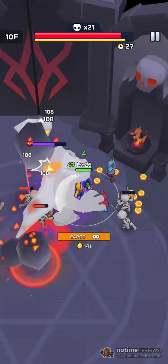 XP Hero: floor 10F boss fight against a huge white beast with damage numbers, red shockwaves and a boss health bar showing x21 kills